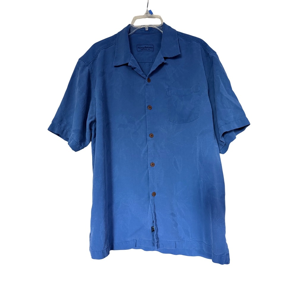 Tommy Bahama Mens Silk Camp Shirt Blue Tropical Jacquard Original Fit Large